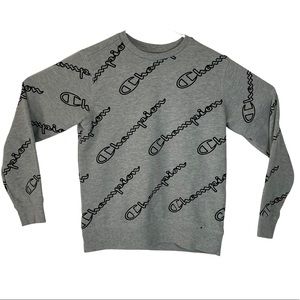 Champion All Over Print Spellout Crew Neck Sweatshirt Boys Size L Gray